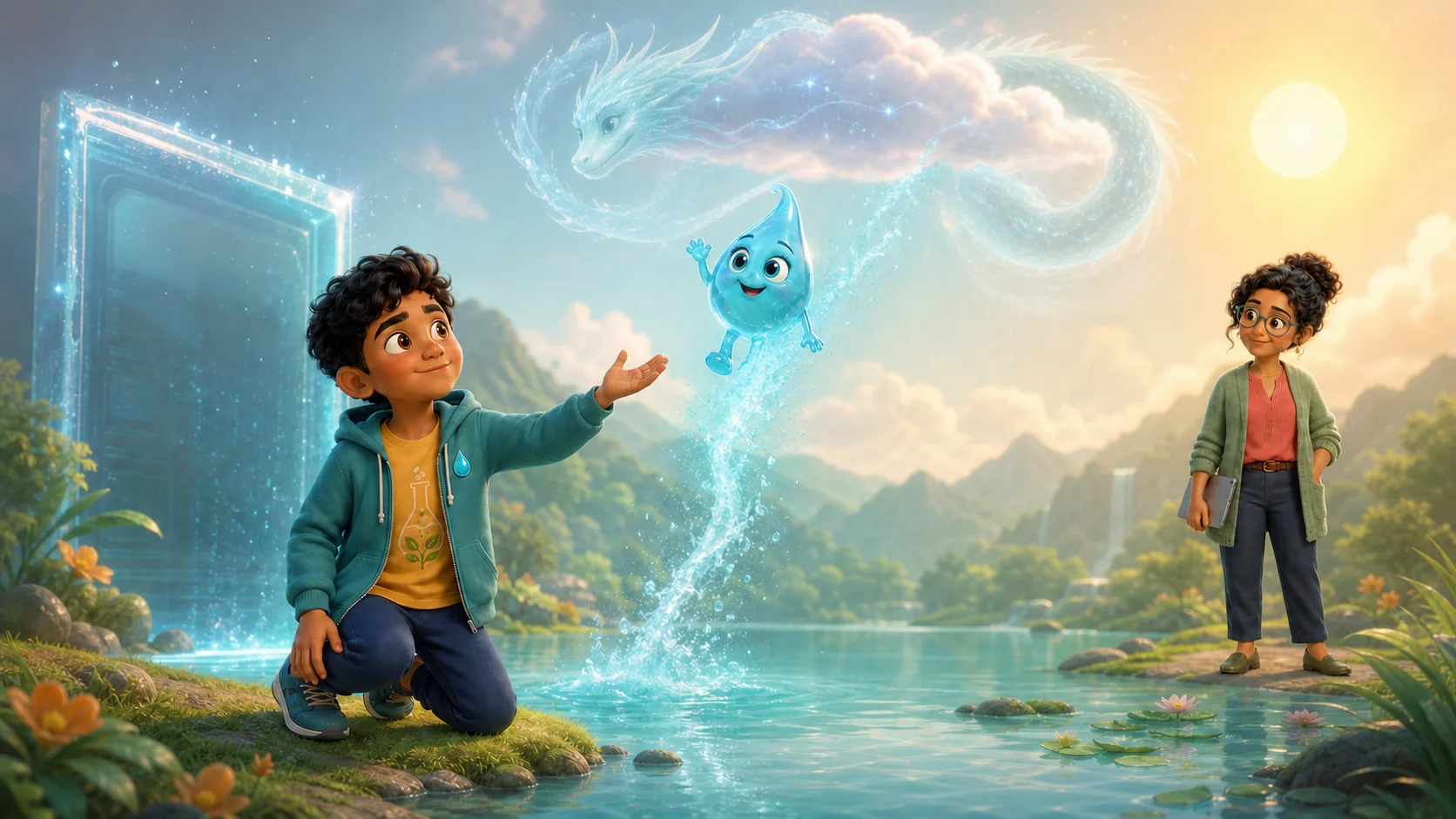 Leo descubre un paisaje del ciclo del agua junto a Luma, la Profe Mara y Ayu, un guardián de agua y constelaciones